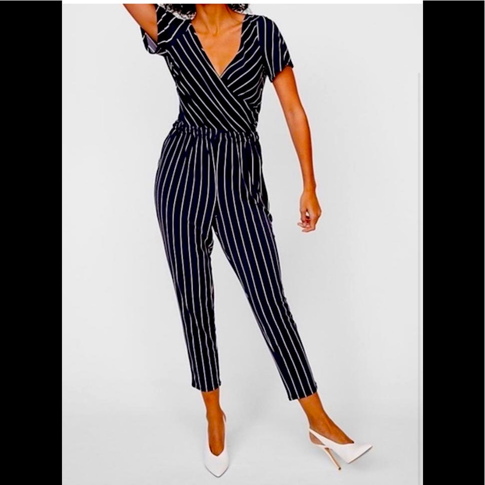 Express - Navy and White Striped Jumpsuit